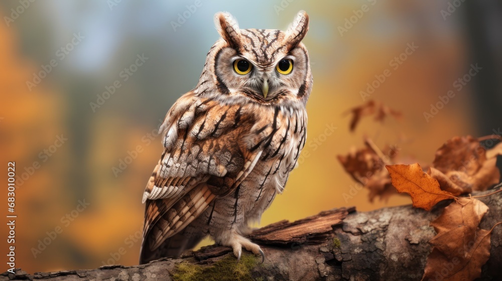 Poster an owl sitting on top of a tree branch next to a yellow and brown leaf filled tree trunk in front of