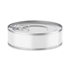 Round metal tin can for canned food, meat or fish isolated on white background. Mockup of blank aluminum container with ring pull on lid and white label, 3d illustration