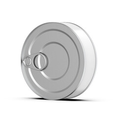 Round metal tin can for canned food, meat or fish isolated on white background. Mockup of blank aluminum container with ring pull on lid and white label, 3d illustration