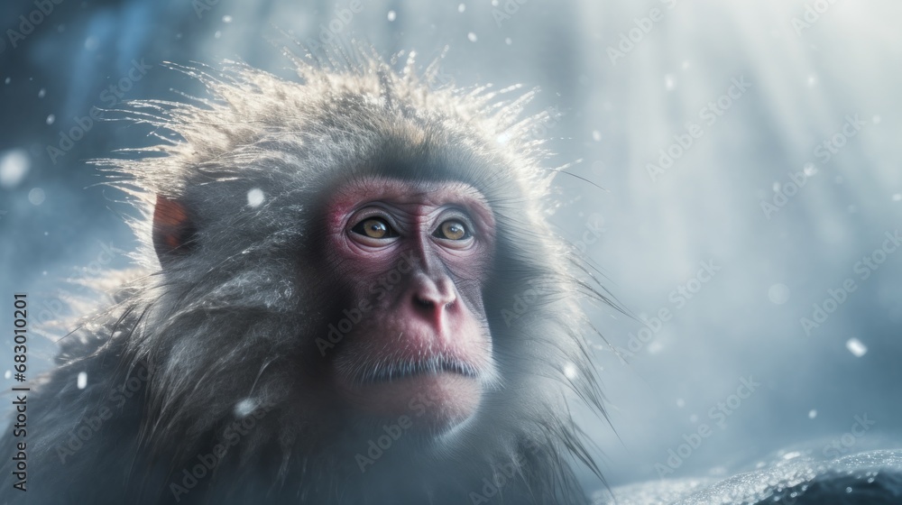 Poster a close up of a monkey with snow on it's face and a light shining down on it's head.