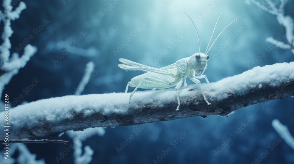 Poster a close up of a grasshopper on a branch with snow on the branches and a bright light in the backgrou