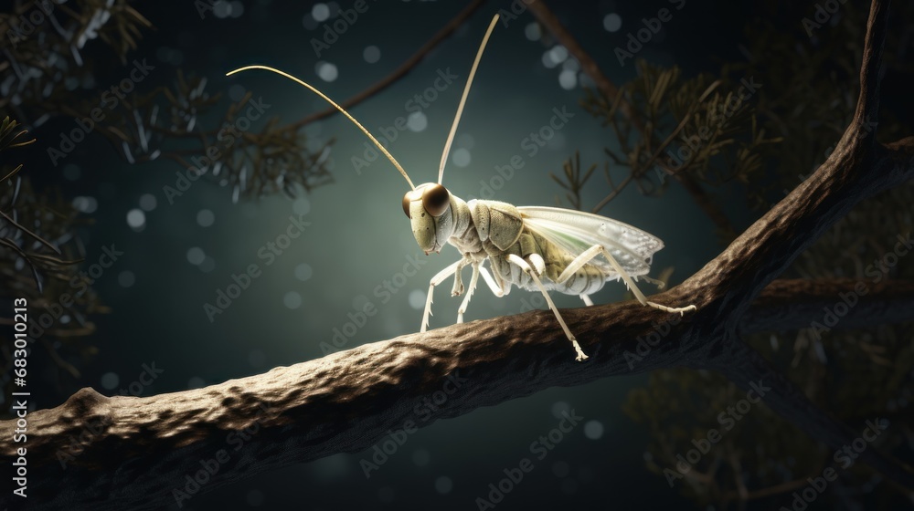 Poster a close up of a insect on a branch on a dark background with snow flakes on the tree branches.