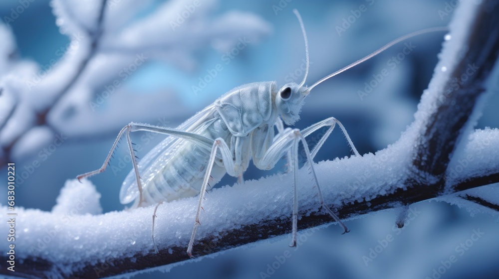 Aufkleber a close up of a bug on a branch with snow on the branches in the foreground and a blue sky in the ba