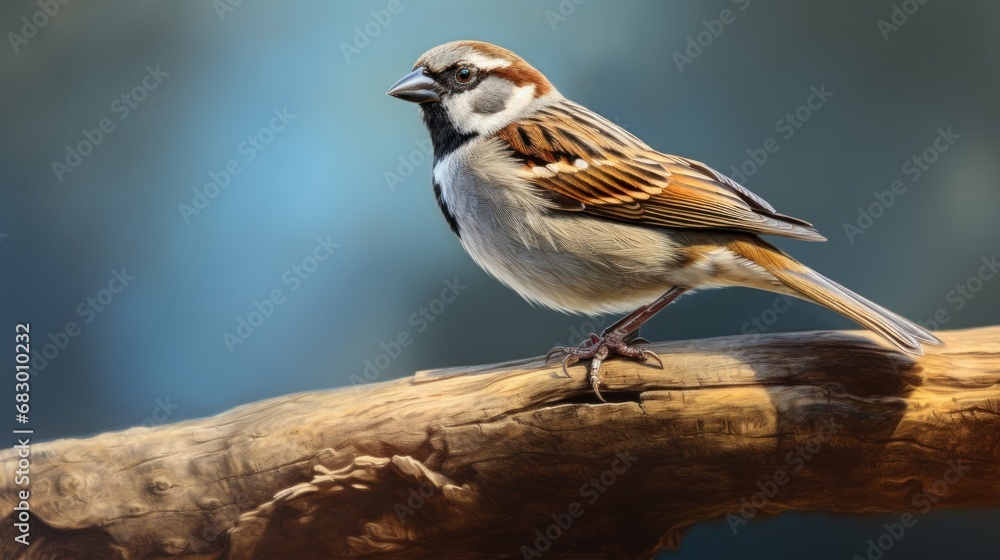 Poster a bird sitting on top of a tree branch next to a blue and brown background with a blurry image of a 