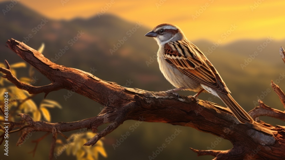 Poster a bird sitting on a tree branch with a mountain in the background in the background is a yellow and 