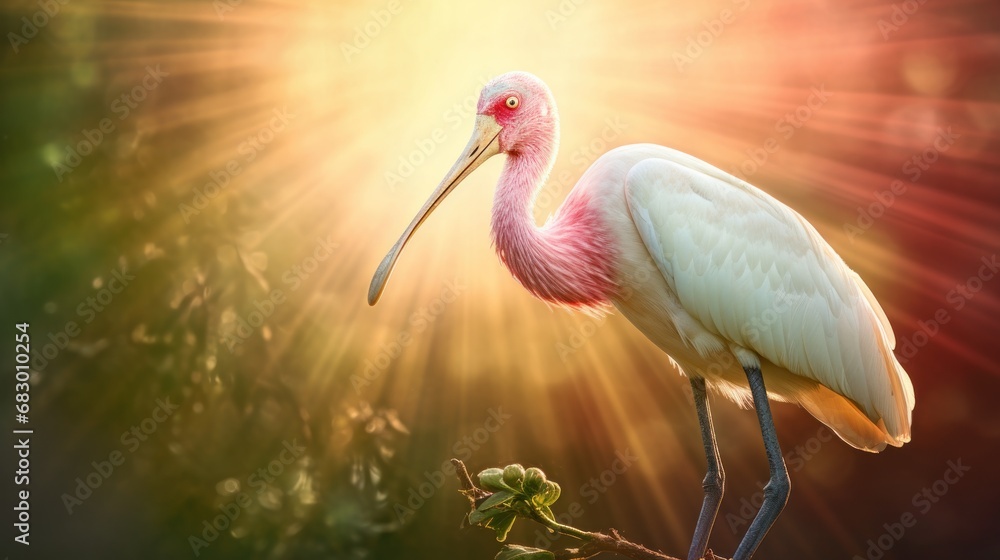 Poster a close up of a bird on a branch with a sunbeam in the background and a tree branch in the foregroun