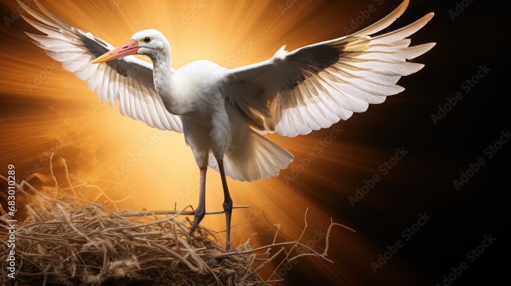 Poster a white bird standing on top of a pile of hay next to a nest with its wings spread wide open.