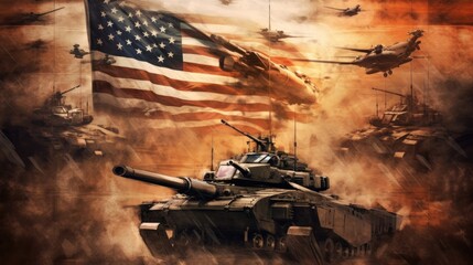 American tank with American flag on the background. Independence Day. July 4 Concept. Patriotism Concept. USA Flag.