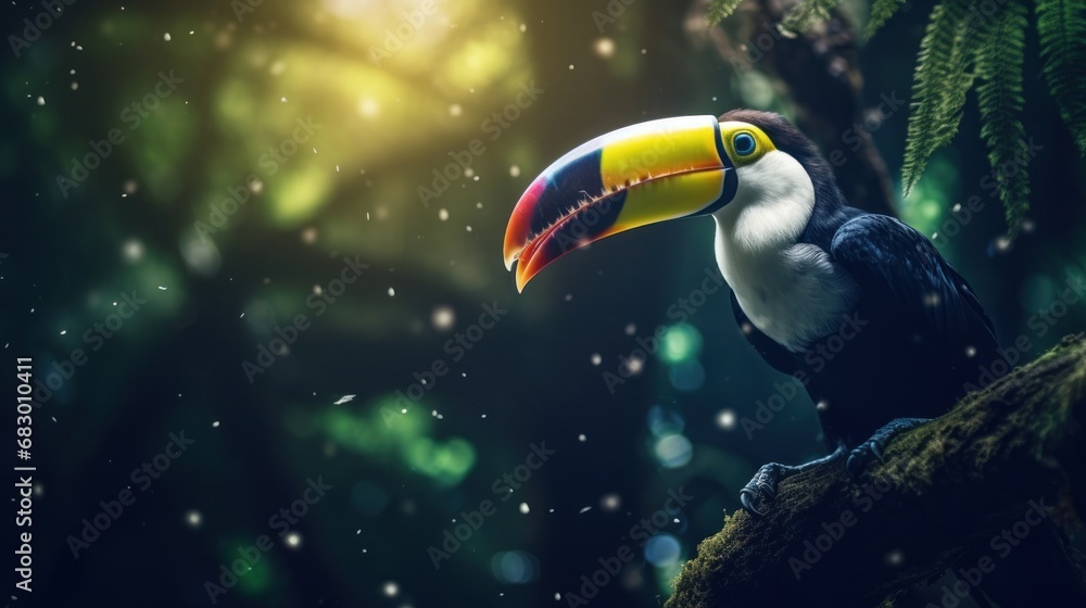 Poster a colorful toucan sitting on a tree branch in a forest with snow falling on the ground and trees in 