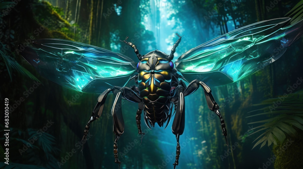 Poster a picture of a bug in the middle of a forest with a light shining on it's back end.