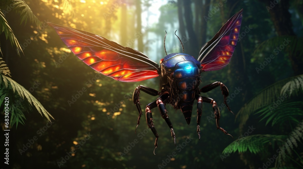 Poster a picture of a bug in the middle of a forest with a bright light coming from it's wings.