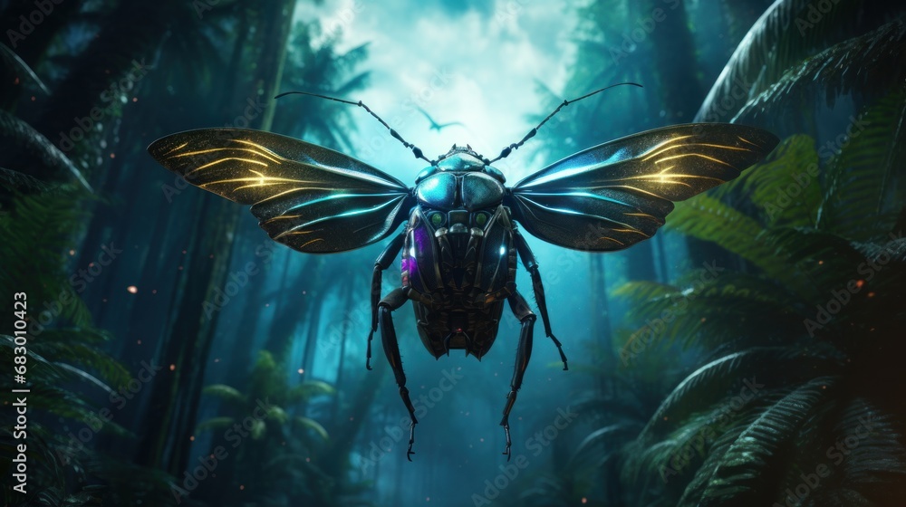 Poster a bug that is in the middle of a forest with a light on it's back and its wings spread out.