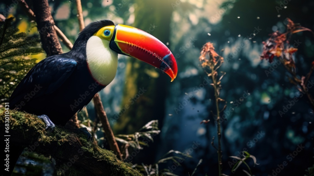 Poster a colorful toucan perched on a tree branch in a tropical forest with a sun shining in the background