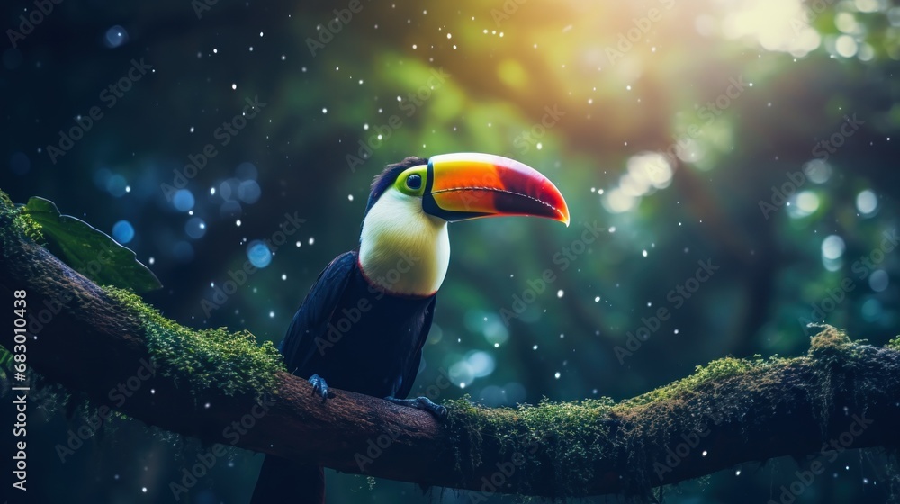 Poster a toucan sitting on a tree branch in the rain with the sun shining through the trees in the backgrou