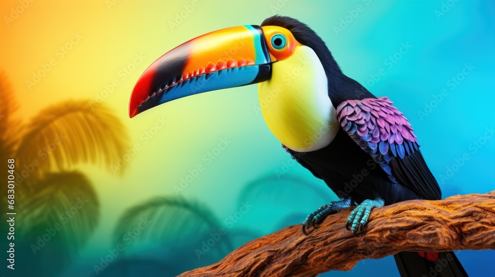 Poster a colorful toucan sitting on a branch in front of a painting of palm trees and a blue sky.