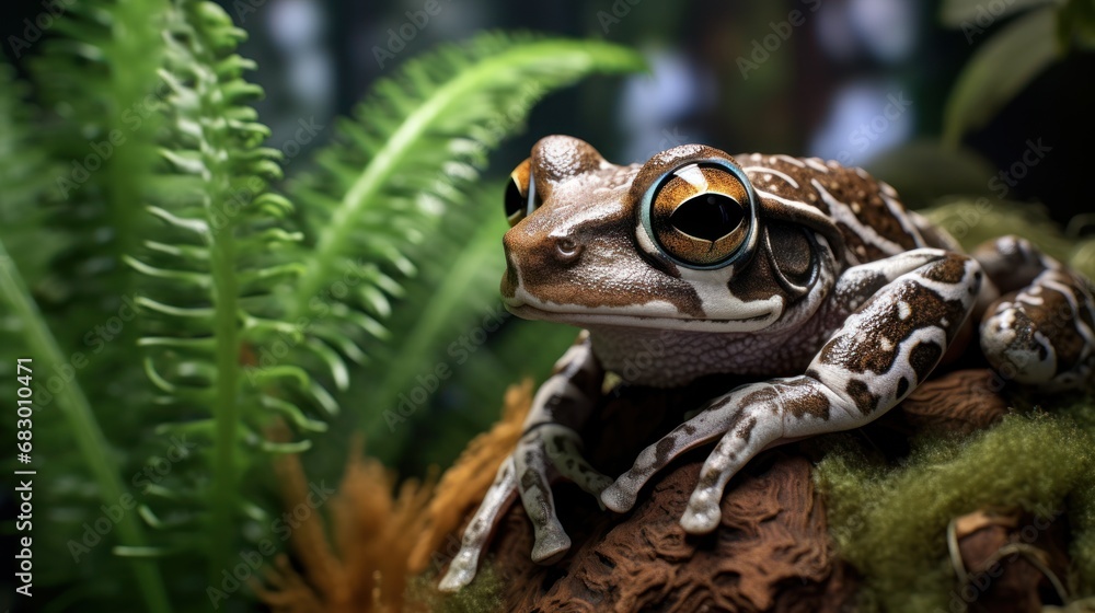 Poster a close up of a frog on a rock with a plant in the background and a fern in the foreground.