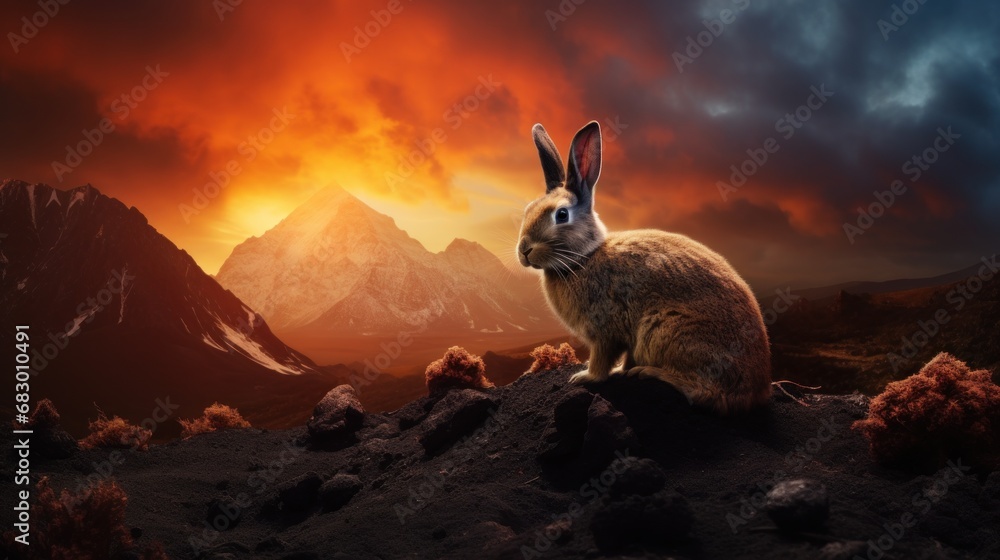 Poster a rabbit sitting on top of a rock in the middle of a mountain under a cloudy sky with mountains in t