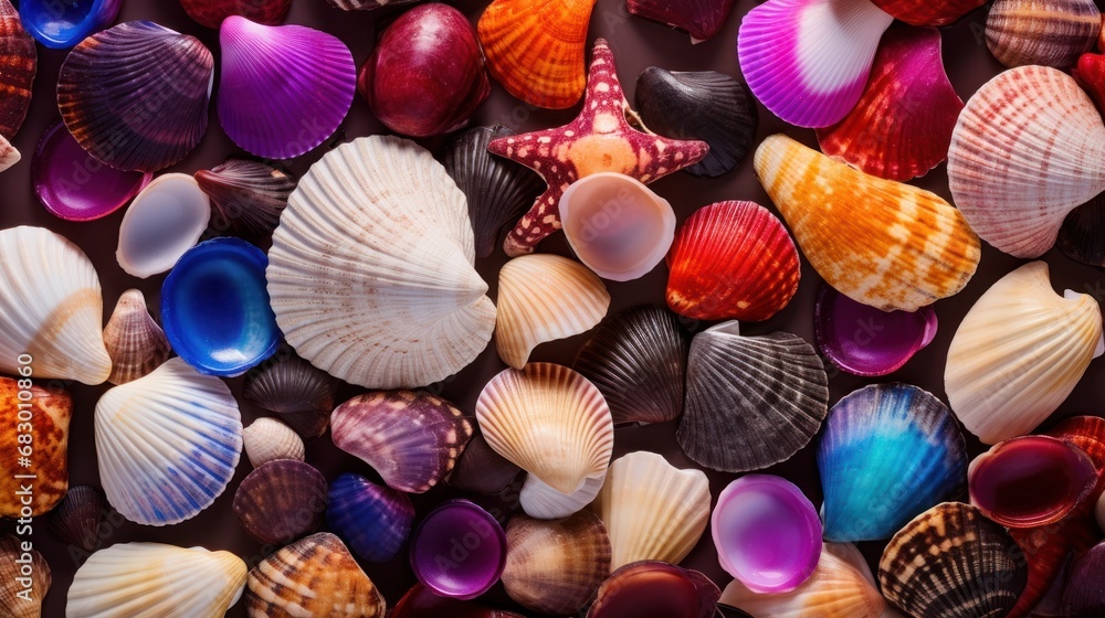 Poster a close up of a bunch of seashells on a brown background with a starfish in the middle.