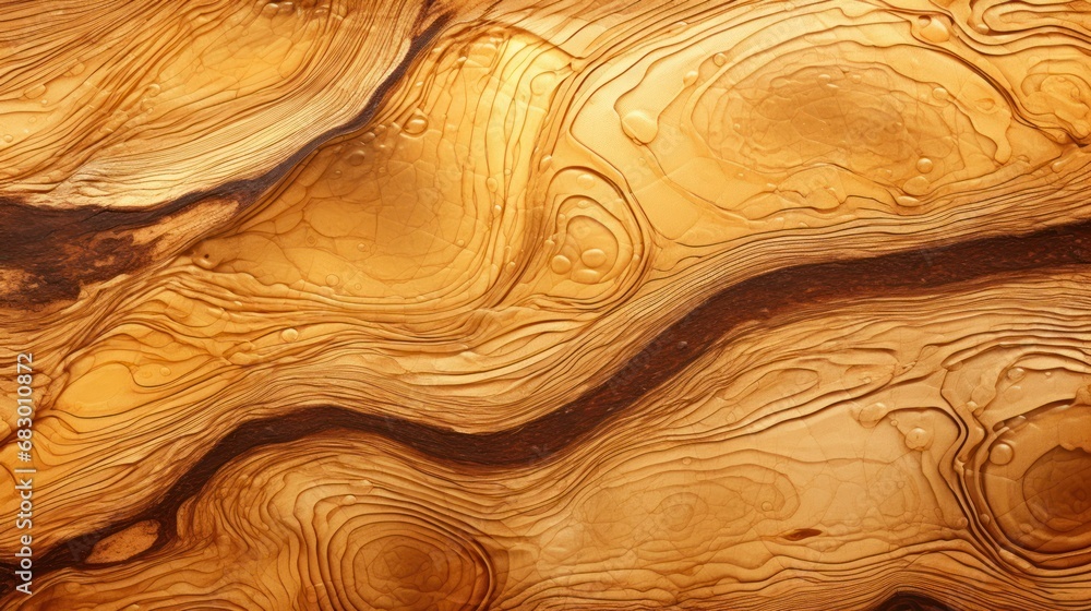 Poster a close up view of a wooden surface with a pattern of wavy lines and circles on the surface of the w