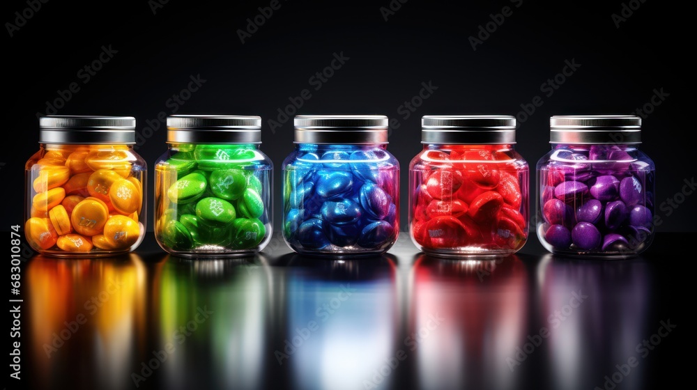 Poster a row of glass jars filled with different colored candies on a reflective surface in front of a blac