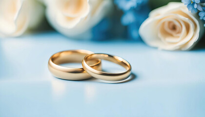 Beautiful wedding card with rings and flowwrs with copy space