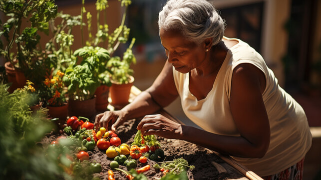 Digital photo of a senior woman enjoys growing vegetables in the garden on the roof of a skyscraper