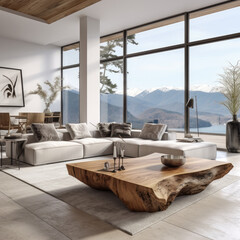 Live edge accent coffee table near white corner modular sofa in room with panoramic windows. Minimalist, loft home interior design of modern living room. 