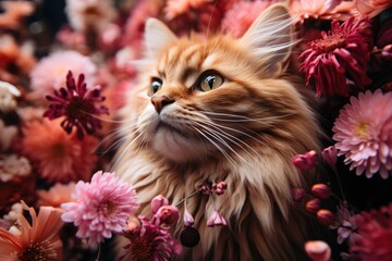 Curious Tabby Cat Peeking Through a Multicolored Floral Tapestry