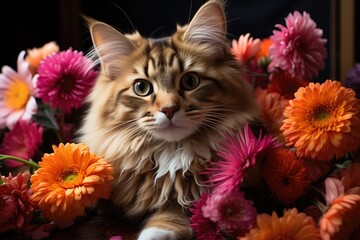 Curious Tabby Cat Peeking Through a Multicolored Summer Floral Tapestry