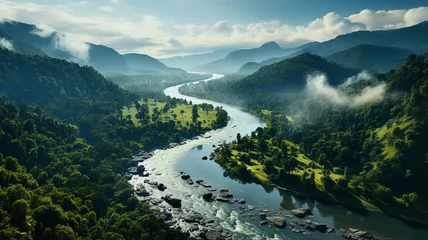 Poster river in the mountains. aerial view of the mountain river in the morning in the mountains © Vahagn