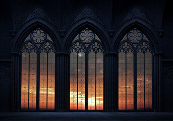 Abandoned castle with a large gothic window sunset rays © denisik11