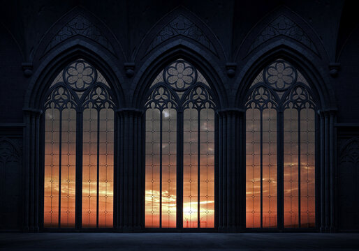 Abandoned castle with a large gothic window sunset rays