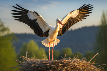 Stork standing in a nest with its wings spread out - obrazy, fototapety, plakaty