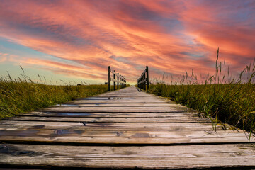 wooden bridge in the salt marshes on the north sea in the sunset