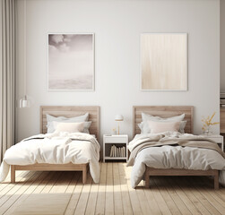 Modern bedroom featuring two separate beds with serene landscape wall art, embodying a sense of calm