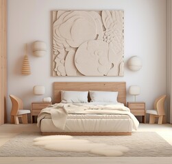 Neutral toned bedroom with elegant wooden furniture and eye-catching 3d textured wall art piece