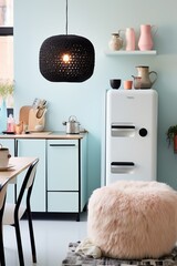 A retro-style kitchen with a vintage fridge and modern decorations, featuring pastel colors