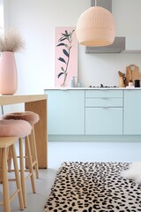 Welcoming kitchen space with pastel tones and plush bar stools, featuring a soft leopard print rug underneath