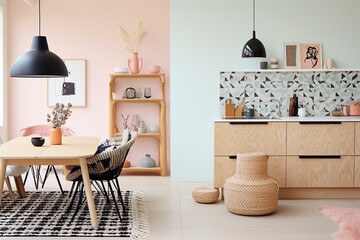 Trendy dining space with unique wooden textured furniture and a mix of modern and traditional elements