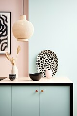 A bold and stylish kitchen moment featuring a distinguished patterned vase and cutting-edge designer lamp