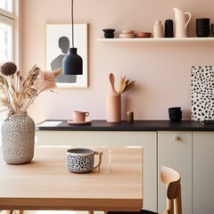 Elegant dining space featuring a wood table, stylish utensils, and a warm, muted color palette