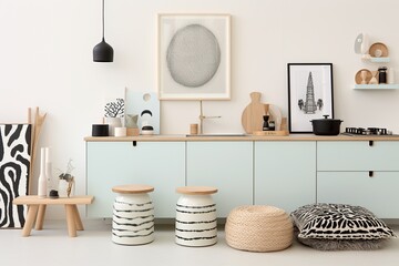 Scandinavian inspired kitchen interior, seamlessly integrating animal prints with minimalist wooden stools