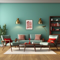 Inviting living room showcasing mid-century modern furniture, striking wall art, and earthy tones for a warm feel