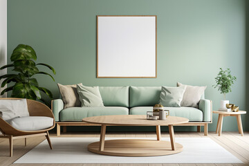 Sophisticated living room designed with minimalist aesthetics, featuring a pastel green wall and understated decor