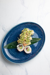 Japanese cuisine. Tuna avocado sushi hand rolls