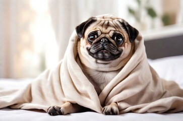 Cute pug dog breed lying in blanket on white bed in cozy bedroom smile with funny face and feeling