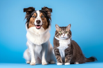 Tabby cat and border collie dog smiling against blue background