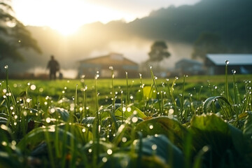 fresh and pure human with landscape is transformed by morning dew, creating a surreal and expansive view with droplets covering rolling terrain - obrazy, fototapety, plakaty