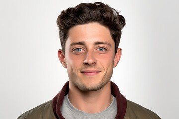Fototapeta premium A man wearing a brown jacket and grey shirt stands confidently. Passport photo European brunette man
