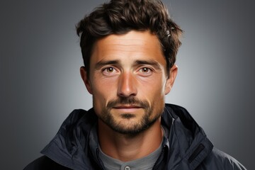 Fototapeta premium A man with a beard wearing a black jacket stands in the foreground of the photo, with no specific action visible.